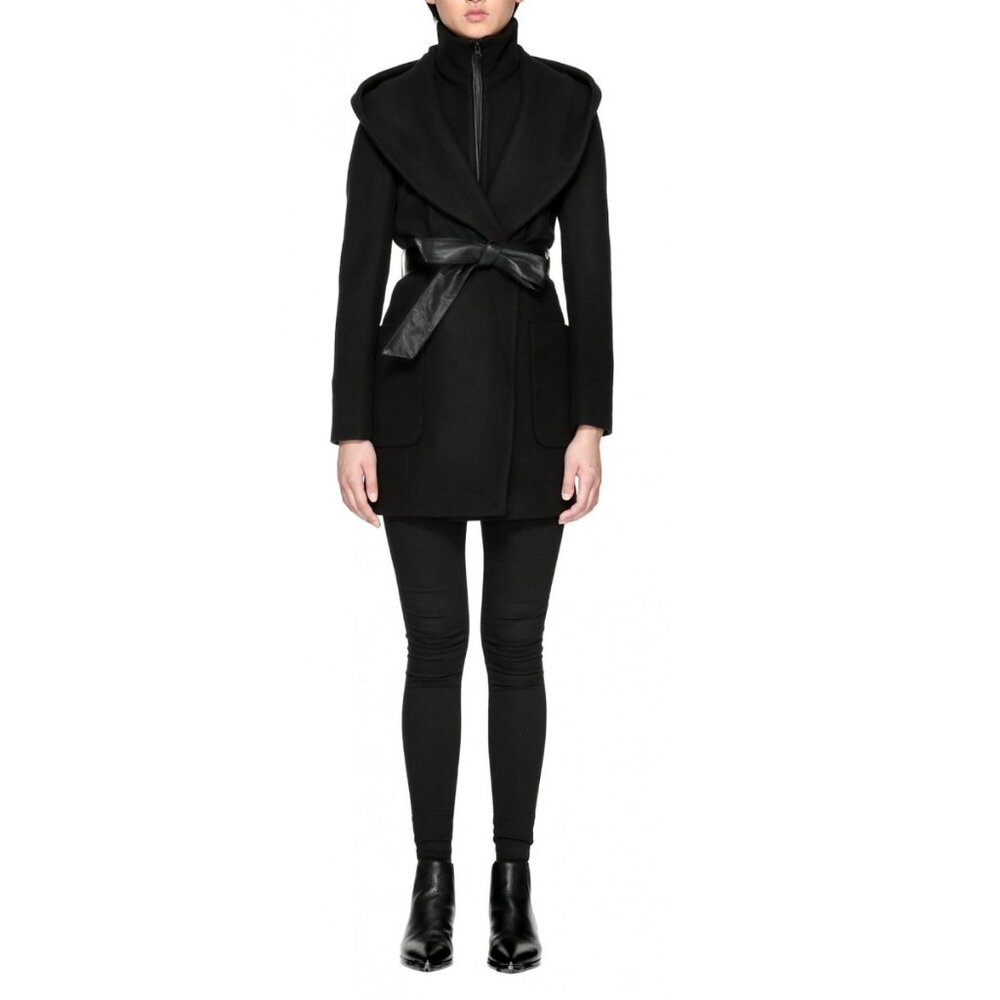 Mackage Black Wool Cashmere Hooded Belted Coat Wrap Size M